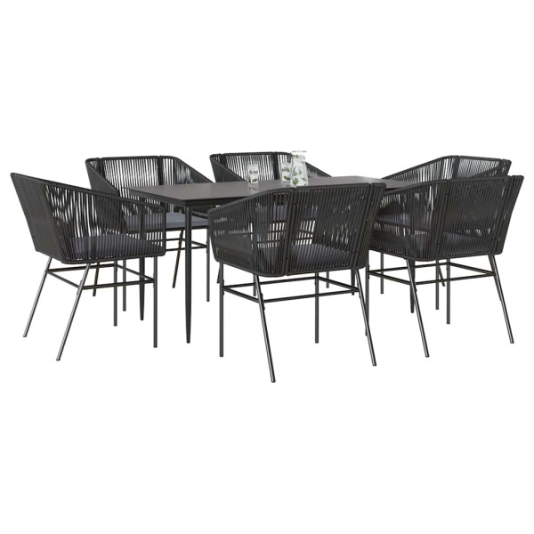 Set de comedor de jardín 7 piezas cojines ratán sintético negro D