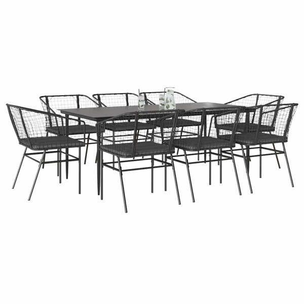 Set de comedor jardín 9 piezas cojines ratán polivinílico negro D