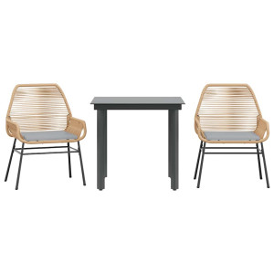 Conjunto jantar jardim 3 peças almofadas vidro vime PE castanho H