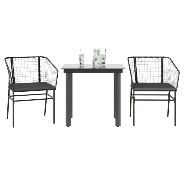 Set comedor jardín 3 pzas cojines ratán sintético vidrio negro D
