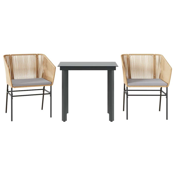 Conjunto jantar jardim 3 peças almofadas vidro vime PE castanho M 2