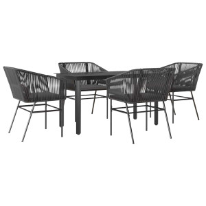 Conjunto de jantar jardim 5 peças almofadas vidro vime PE preto H