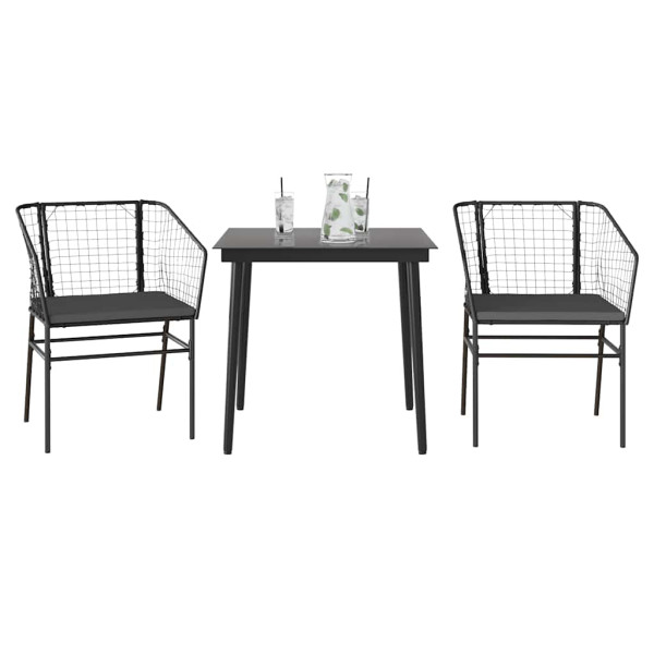 Set comedor jardín 3 pzas cojines ratán sintético vidrio negro M 2