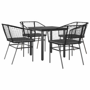 Conjunto de jantar jardim 5 peças almofadas vidro vime PE preto H