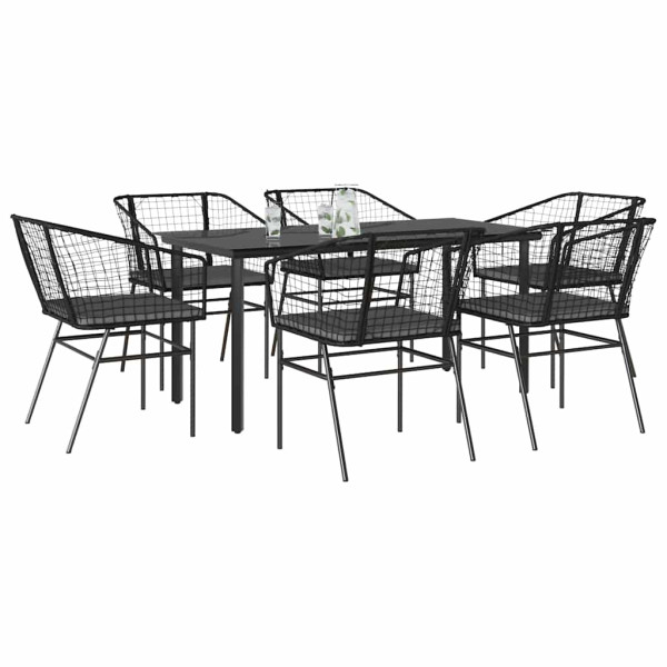 Set de comedor de jardín 7 piezas cojines ratán sintético negro D