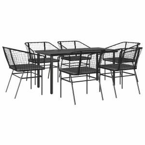 Set de comedor de jardín 7 piezas cojines ratán sintético negro H