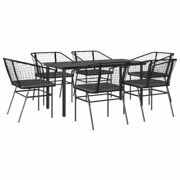 Set de comedor de jardín 7 piezas cojines ratán sintético negro M 2