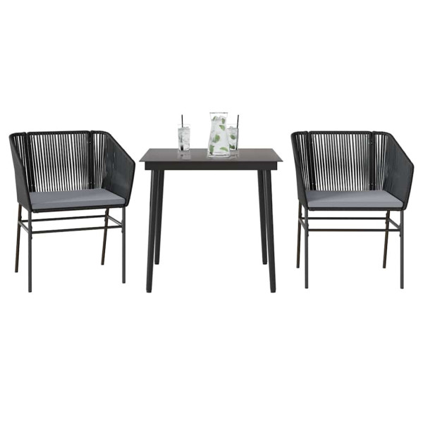 Set comedor jardín 3 pzas cojines ratán sintético vidrio negro D