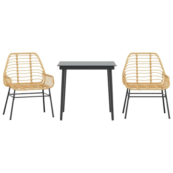 Conjunto jantar jardim 3 peças vidro vime PE castanho M 2