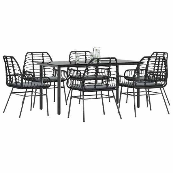 Set de comedor de jardín 7 piezas cojines ratán sintético negro D