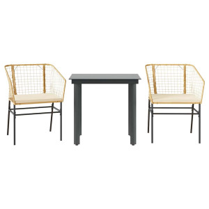 Conjunto jantar jardim 3 peças almofadas vidro vime PE castanho H