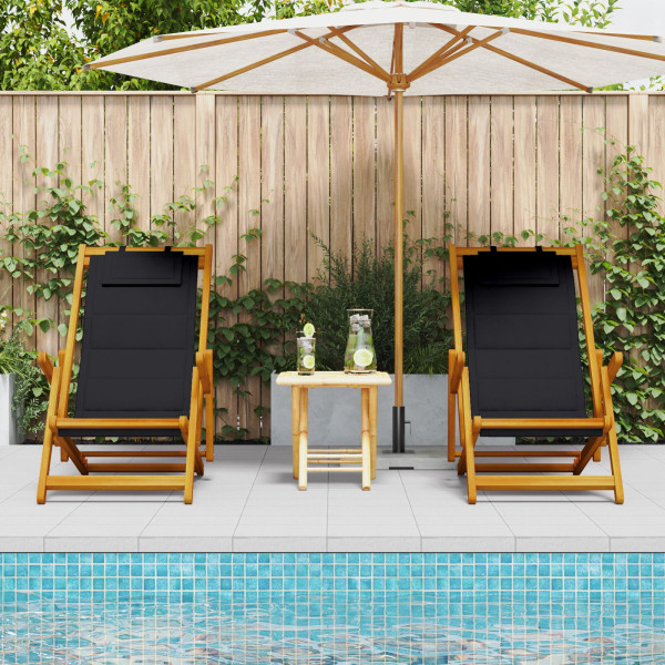 Sillas de playa plegables  2 pcs Negro Madera maciza de Acacia y Textileno M 3