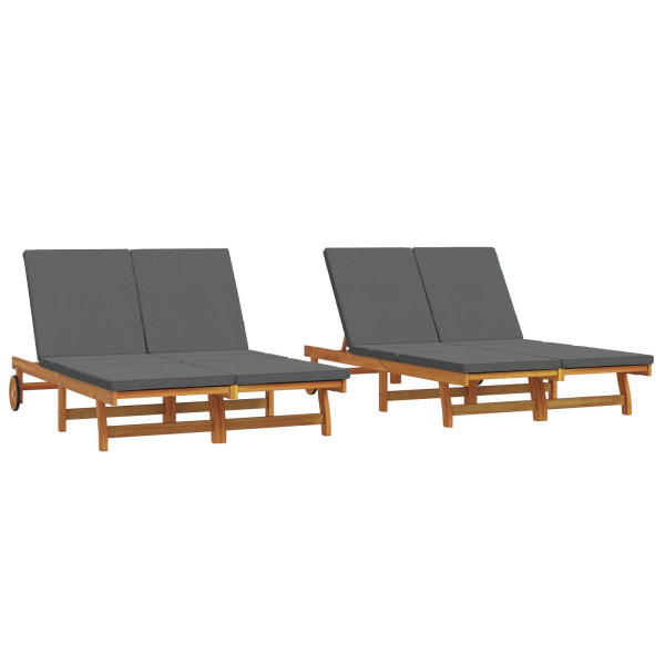 Chaise Longue Dupla  com Rodas e Almofada em Madeira Sólida de Acácia M 2