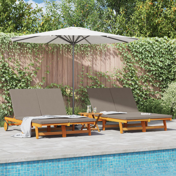 Sillón doble de sol con ruedas y cojín de madera maciza de acacia D