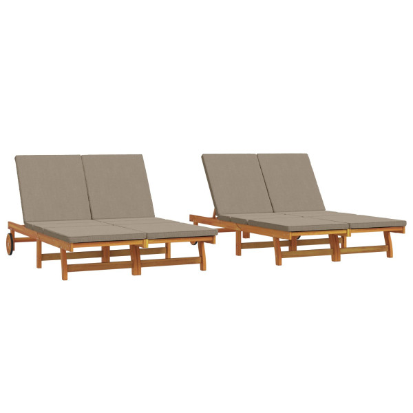 Chaise-longue dupla  com rodas e almofada de madeira maciça de acácia M 2