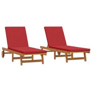 Sillones de sol  2 piezas con ruedas y cojín de madera de acacia maciza H