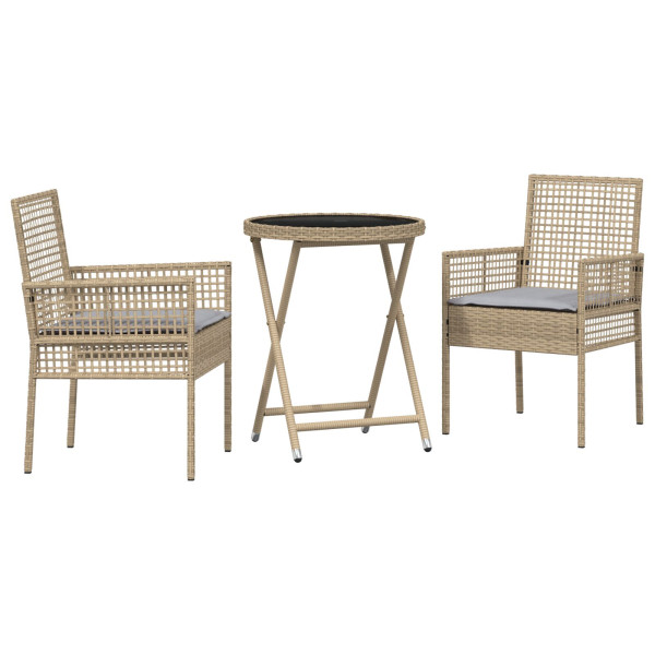 Conjunto de Bistro de Jardim com 3 Peças e Almofadas Bege em Rattan Sintético M 2
