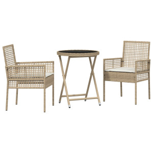 Conjunto de Bistro de Jardim 3 Peças com Almofadas Bege em Rattan Poliéster H