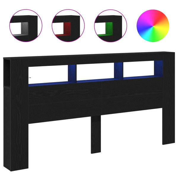 Cabeceira de Armazenamento  com Luzes LED Carvalho Preto 200x18.5x103.5 cm M 4