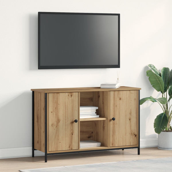 mueble de TV  Negro Roble 101x35x65 cm Madera Técnica y Acero D