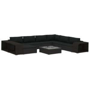 10 pcs conjunto lounge de jardim c/ almofadões vime PE preto H