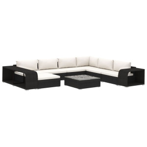 10 pcs conjunto lounge de jardim c/ almofadões vime PE preto H