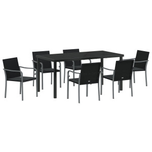 Conjunto de Jantar de Jardim com 7 Peças e Almofadas - Rattan Preto Poli H