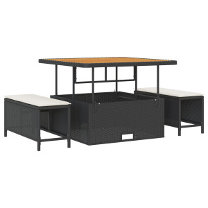 Conjunto de Comedor de Jardín de 3 Piezas con Cojines Negros de Poliratán y Acacia H