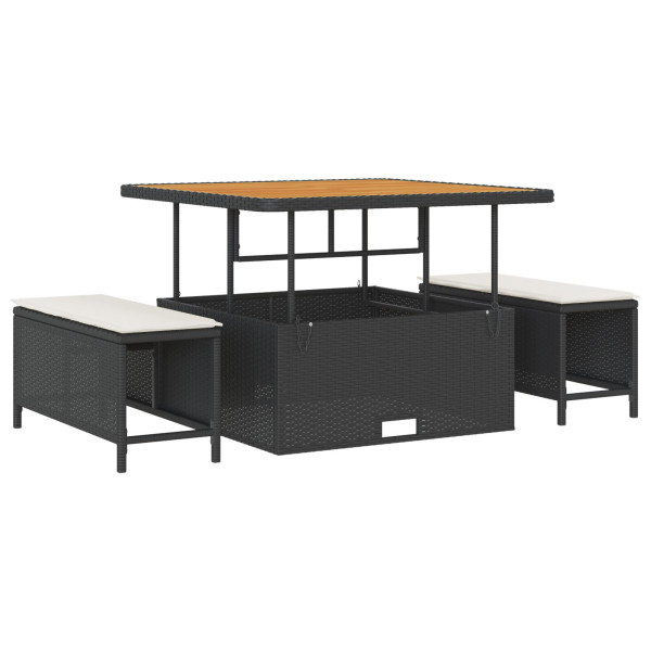 Conjunto de Jantar de Jardim com 3 Peças e Almofadas Preto em Rattan Poliéster e Acácia M 2