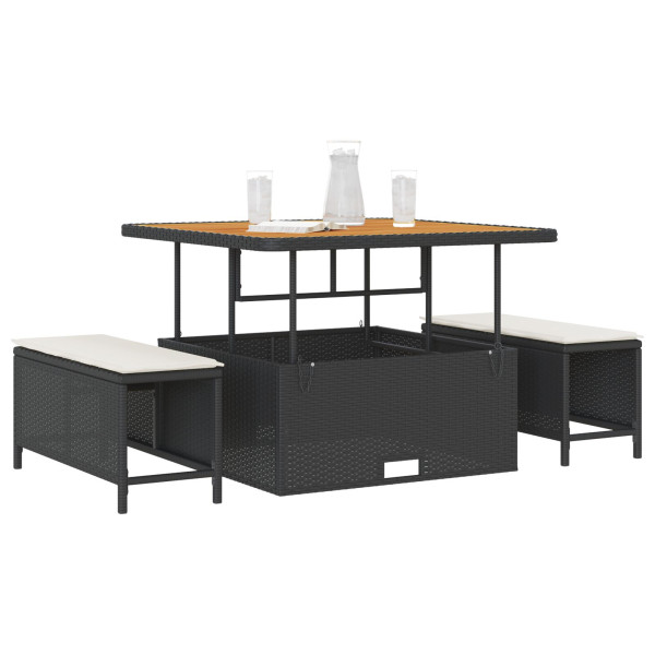 Conjunto de Jantar de Jardim com 3 Peças e Almofadas Preto em Rattan Poliéster e Acácia M 3