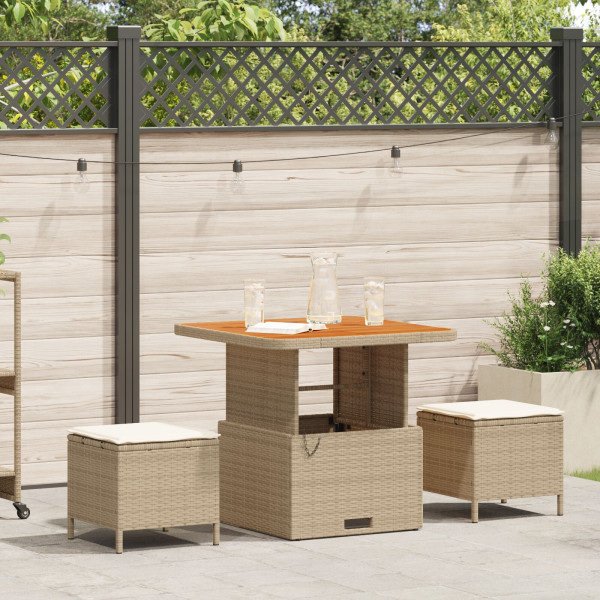 Conjunto de Comedor de Jardín de 3 Piezas con Cojines Beige de Ratán Poliéster y Acacia D