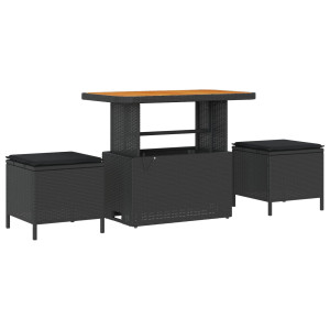 Conjunto de Jantar para Jardim de 3 Peças com Almofadas Preto Rattan Poliéster Acácia H