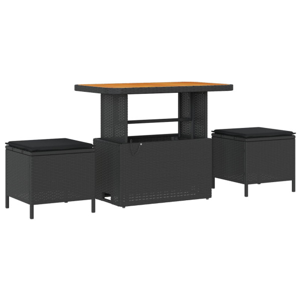 Conjunto de Jantar para Jardim de 3 Peças com Almofadas Preto Rattan Poliéster Acácia M 2