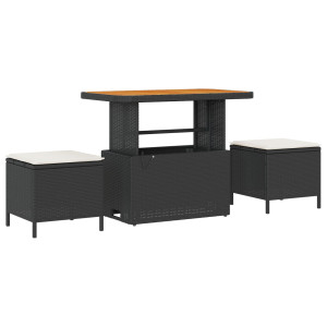Set de Comedor de Jardín de 3 Piezas con Cojines Negro de Poliratán y Acacia H