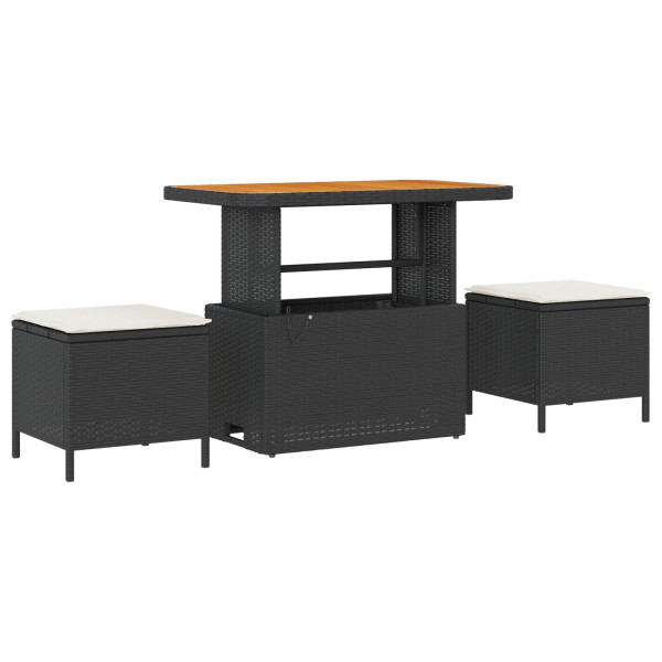 Set de Comedor de Jardín de 3 Piezas con Cojines Negro de Poliratán y Acacia M 2