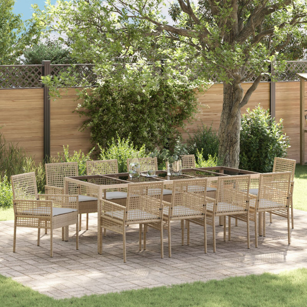 Juego de Comedor de Jardín de 11 Piezas con Cojines Beige Poliratán D