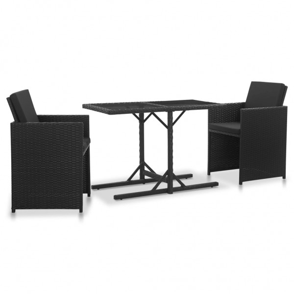 3 pcs conjunto jantar exterior com almofadões vime PE preto D