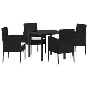 Conjunto de Jantar de Jardim com 5 Peças e Almofadas Preto Rattan Poliéster H