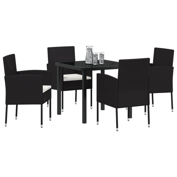 Conjunto de Jantar de Jardim com 5 Peças e Almofadas Preto Rattan Poliéster M 3