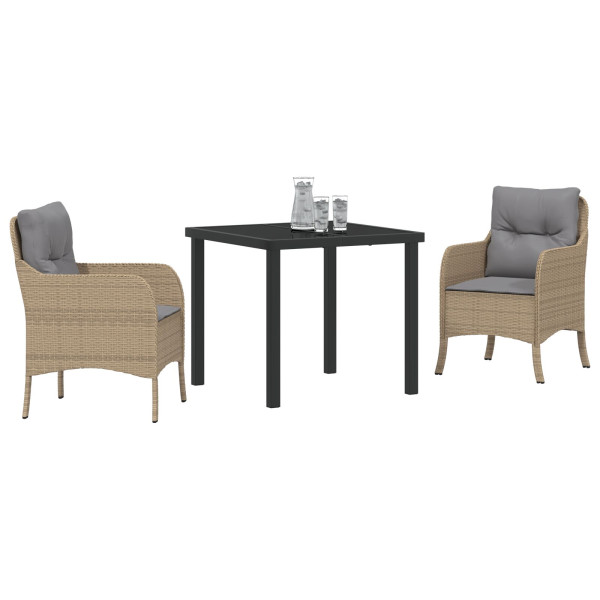 Conjunto de Jantar de Jardim 3 Peças com Almofadas Bege de Vime Poliéster M 3