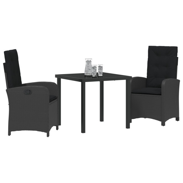 Set de Comedor de Jardín de 3 Piezas con Cojines Negro Poliratán M 3