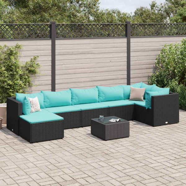 Set de muebles de jardín 8 pzas y cojines ratán sintético negro D