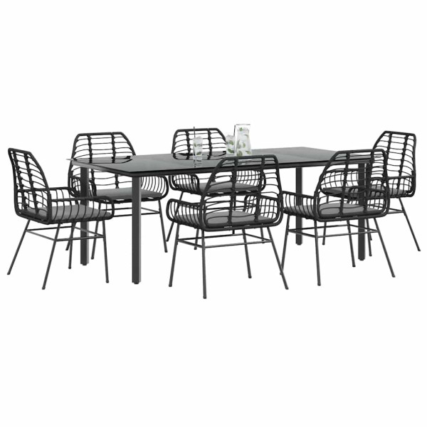 Set de comedor de jardín 7 piezas cojines ratán sintético negro D