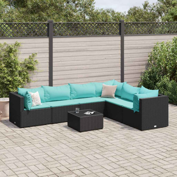 7 pcs conjunto lounge de jardim c/ almofadões vime PE preto D