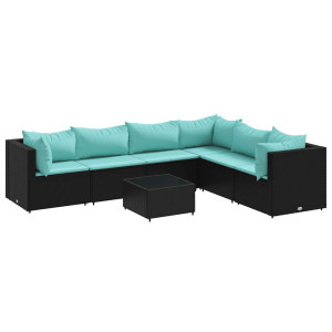 7 pcs conjunto lounge de jardim c/ almofadões vime PE preto H