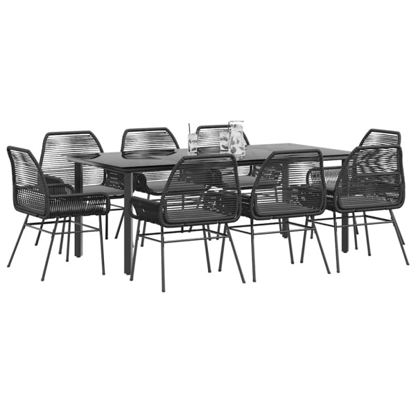 Set de comedor jardín 9 piezas cojines ratán polivinílico negro D