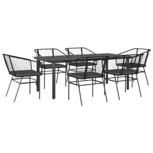 Conjunto de jantar jardim 7 peças almofadas vidro vime PE preto H