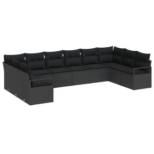 Conjunto de Sofás de Jardim de 10 Peças com Almofadas Preto Rattan Poliwoven H