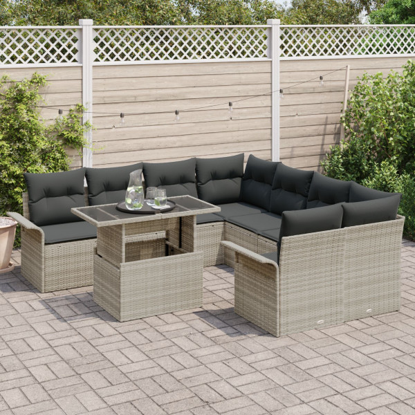 Conjunto de Sofá de Jardim 9 Peças com Almofadas Cinza Claro de Rattan M 3