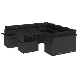 Conjunto de Sofá para Jardim 9 Peças com Almofadas Preto em Rattan Sintético H